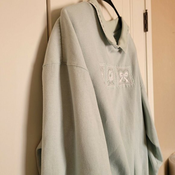 Vintage 90s Floral Bow Crewneck Green Sweatshirt Collared Grandma Women's XL - Picture 6 of 7
